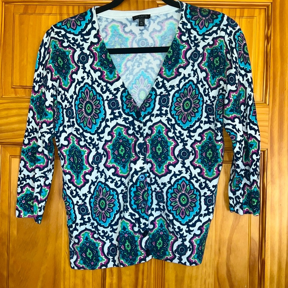 Talbots Medium Petite Patterned Cotton and Rayon Cardigan